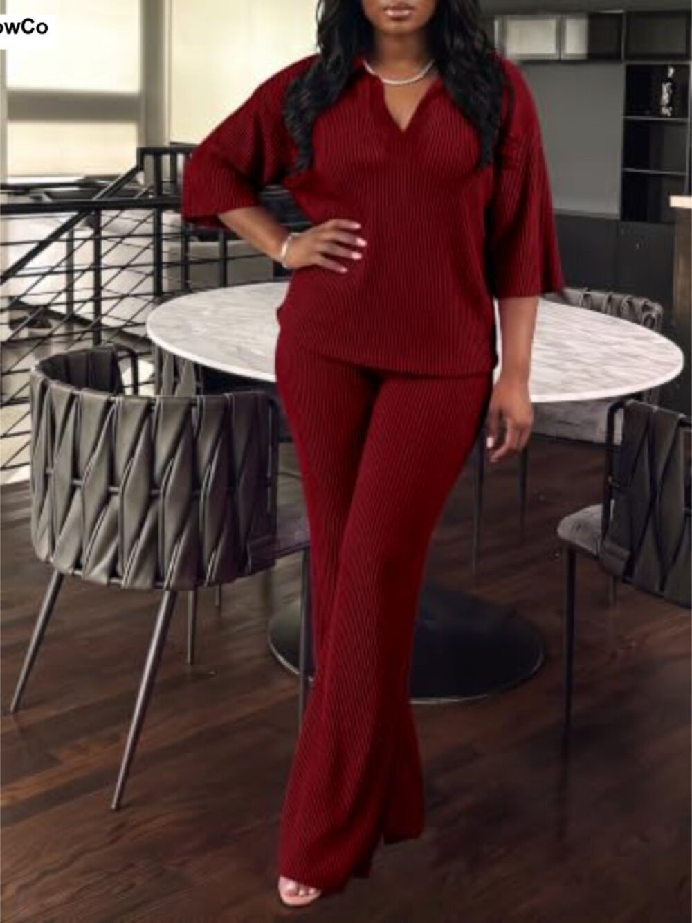 Ribbed Lounge Set Collared Batwing Top Wide Leg Pants 2 Piece - Picture 2 of 4